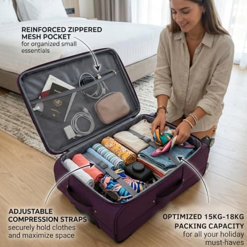 DK Luggage Ultra Lightweight Only 2.9kg Medium 24 Inch Soft Shell Suitcase, 4 Wheel Spinner, Checked Luggage, 15kg–20kg Capacity, Expandable Travel Case (WLS Purple, Medium) — view 6