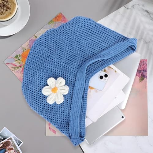 Hittriu Crochet Beach Bags for Women, Hollow Crochet Mesh Tote Bag, Coffee Hobo Beach Shoulder Bag Handbag for Seaside Holiday Travel Daily Shopping (Blue) — view 6