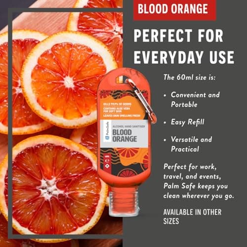 Palm Safe Blood Orange 3 Pack 60ml Anti Bacterial Premium Hand Sanitiser Travel Size Refillable Clip Bottle Quick Drying Non Sticky Extra Moisturising Kills 99.9% of Viruses and Bacteria — view 5