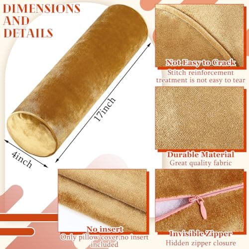 Qinyoung Luxury Velvet Round Pillowcase 17 Inches - Cervical Neck Roll for House Home Decor - Cylindrical Bolster Cushion (Gold, 2 Pcs) — view 2