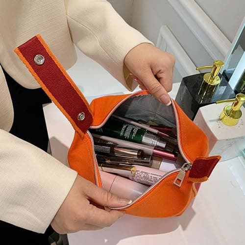 Voddkis Cream Cosmetic Bag - Travel Makeup Bag - Canvas Toiletry Bag - Cosmetic Accessory Organiser with Zip (Orange) — view 6