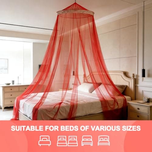 HATFRYF Dome Mosquito Net, Bed Canopy, Dome Canopy Bed Large Hanging, Mosquito Net for Travel&Room Single to Double Universal, Breathable Mesh Effective Anti, Girls Boy Room Decor - Red — view 3