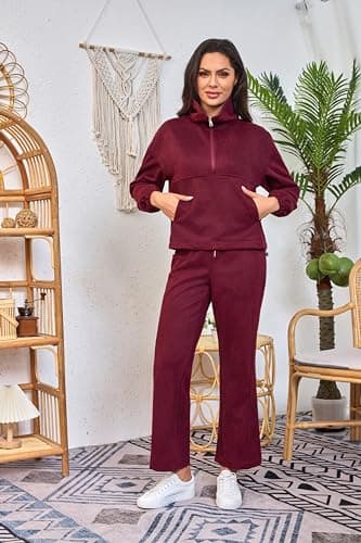 HAOZHIYU Womens 2 Piece Sets Travel Outfits Half Zip Sweatshirt And Wide Leg Sweatpant Airport Outfits for Women 2025, Burgundy, M — view 6