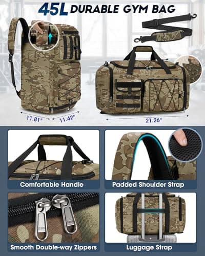 RAINSMORE Sports Gym Bag for Men Women, 45L Large Duffel Bag with Shoe Compartment and Wet Pocket, Water Resistant, 3-in-1 Travel Holdall Weekender Khaki Camo — view 6