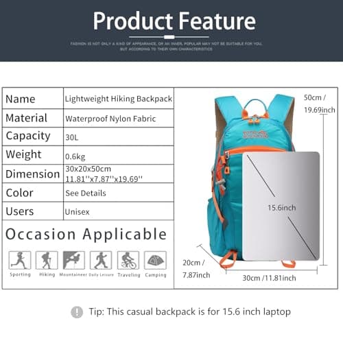 Lightweight Hiking Backpack, 30L Women/Men Waterproof Travel Rucksack Bag with Rain Cover, Outdoor Small Foldable Daypack for Student, Fit for 15.6 inch Laptop(Lake Blue, 30L) — view 2