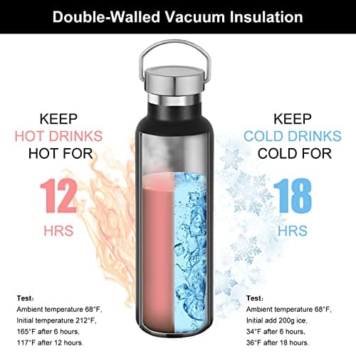 Volhoply Black Stainless Steel Water Bottles,600 ML Vacuum Insulated Double Wall Travel Bottle with Leak Proof Lid of Handle,Metal Reusable Standard Mouth Flask for School,Hikers,Gift — view 2