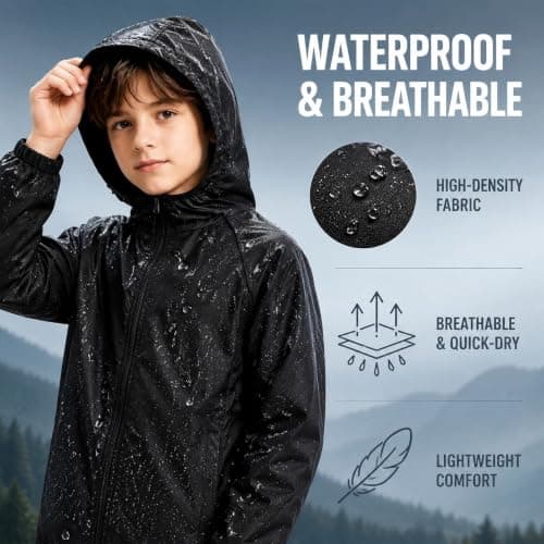 Kioeok Kids Outdoor Waterproof Jacket Lightweight Packable Rain Coat Hooded Breathable Outdoor Coat for Hiking Cycling — view 6
