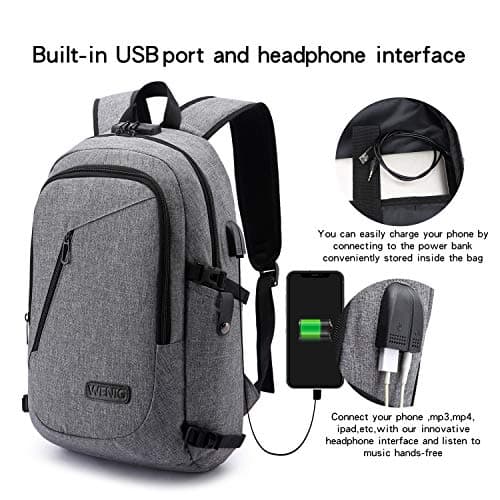 WENIG Anti-Theft Backpack,Business Laptop Backpack with USB Charging Port and Earphone Port with Lock Slim Water Resistant Bag Daypack Fits 15.6 Inch Computer Notebook Rucksack for Work, College — view 2