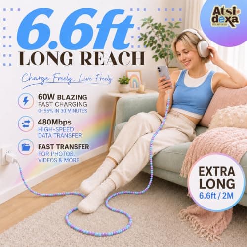 Atsidexa 4-in-1 Beaded Charging Cable, MFi Certified, Works with CarPlay, 6.6FT 60W Fast Charger Cord for iPhone 17/16/15/14/13/12/11, iPad, Samsung, Android and More (Lavender Sky) — view 2