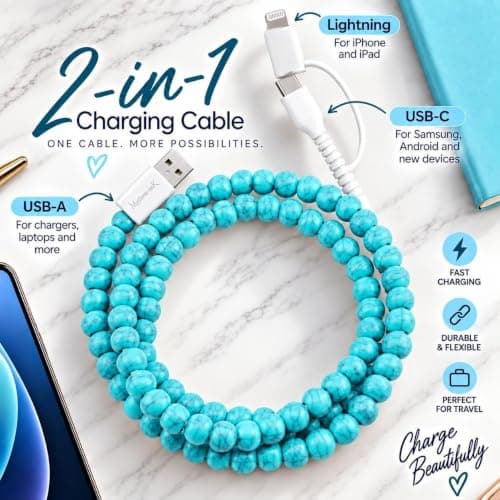 MyfavoriteK Stylish Beaded Phone Charger Cable Metallic Colors USB Cable 2 in1 USB-C and iPhone-Compatible Charging Cord 3.3ft Cord for Smartphones (Turquoise) — view 2