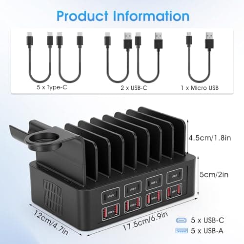 USB C Multi Charger Station, 16 Port 150W USB Charger Fast Multiple Charging Station with 8 Cables, Multi Device USB A Phone Ipad Desktop Smart Charger Stand with Removable Divider — view 6