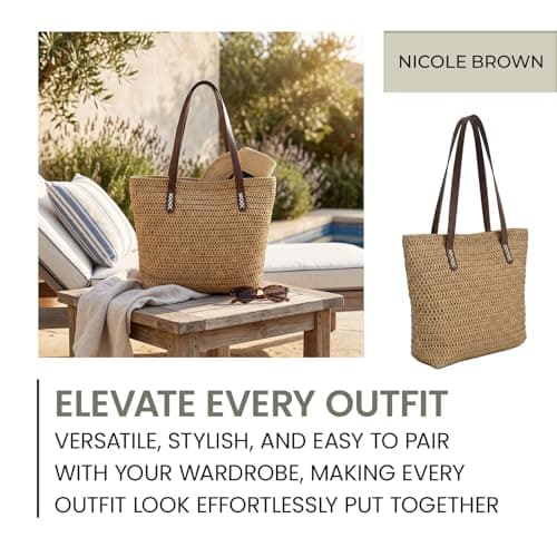 Nicole Brown Straw Tote Bag for Women Brown & Brown – Woven Summer Shoulder Bag with Zip Closure & Interior Zip Pocket, Lightweight Beach Shopper Tote for Holidays, Travel & Everyday Use — view 2