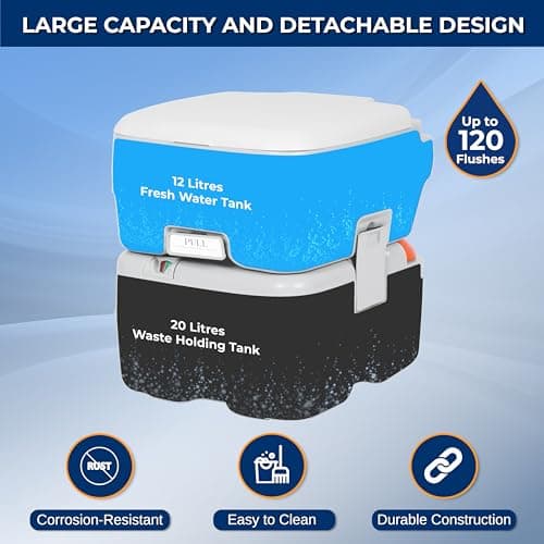 SereneLife 20L Portable Toilet for Adults, Leak Proof Camping Toilet with Detachable Waste Tank, Ideal for Camping and Other Recreational Activities, Durable and Comfortable Toilet Seat, 120 Flushes — view 2