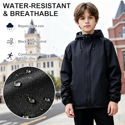 Kids Lightweight Waterproof Jacket with Zip Pocket – Boys & Girls Breathable Rain Coat for School & Travel – Packable with Pouch for Changeable UK Weather (UK, Age, 5 Years, 6 Years, Regular, Black) — view 5