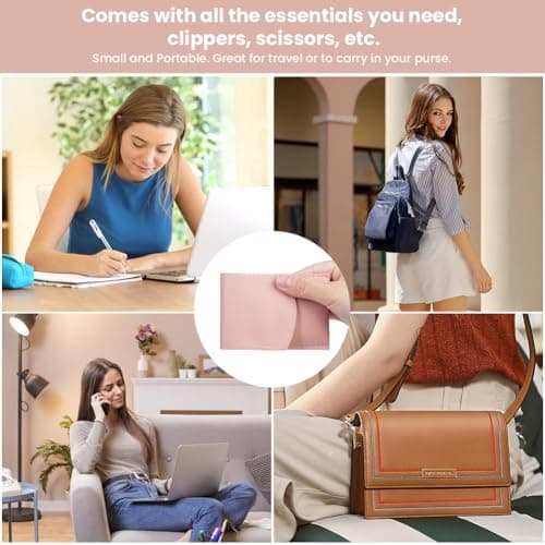 LOPHE Professional Manicure Set, 4pcs Portable Nail Clippers & Eyebrow Grooming Kit, Stainless Steel Nail Care Tools with Luxurious Leather Case for Travel & Home (Pink) — view 5