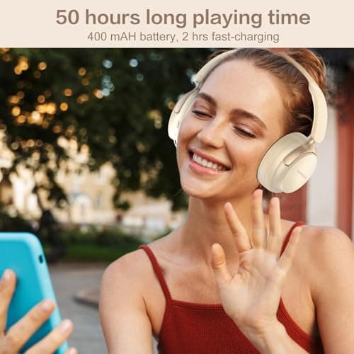RORSOU B8 Bluetooth Headphones Over Ear, 6 EQ Music Modes and 50H Playtime Deep Bass Wireless Headphones with Mic, Lightweight Folding HiFi Stereo Headset for iPad/Travel/Tablet/PC/Home Beige White — view 6