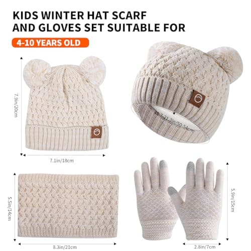 Lancry Winter Hat Scarf And Gloves Set Kids, Warm Thermal Girls Boys Hat Scarf Gloves Set Knitted Beanie Cap Snood Neck Warmer Touchscreen Mitten with Soft Fleece Lining For Kids Age 4-10 (Off-white) — view 6