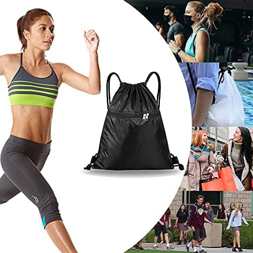 SAWANS Drawstring Bag String Gym Sack Drawstring Sports Bag Swim Men Women Sack Outside Pocket Zipper PE Backpack Beach School Holidays Swimming Travel Boy Girl Waterproof (Black) — view 5