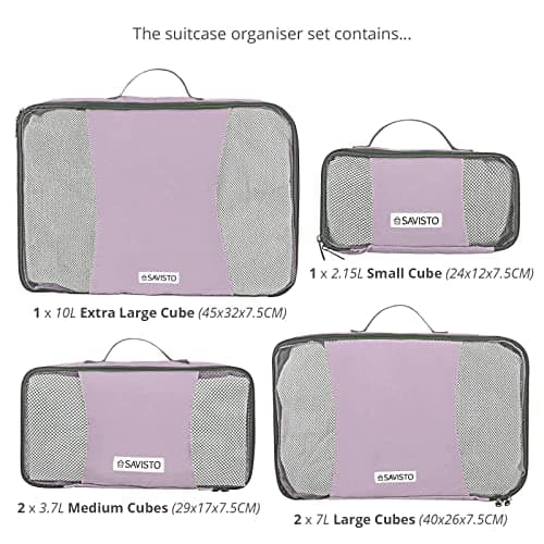 Savisto Packing Cubes - Small, Medium, Large, XL (6-Piece Set) - 7 Colours (1x XL / 2x L / 2x M / 1x S, Pastel Lavender) — view 6