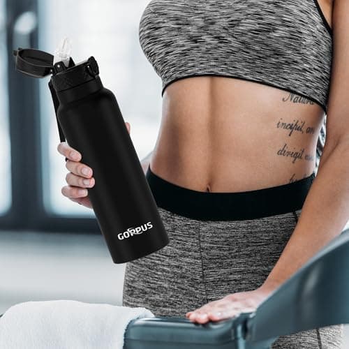 GOPPUS 750ml/26oz Stainless Water Bottle with Straw Double Wall Insulated Bottles with Strap Reusable Vacuum Thermal Flask Leakproof Keep Cold Drinks Bottles with Flip Top Lid BPA Free (Black) — view 6