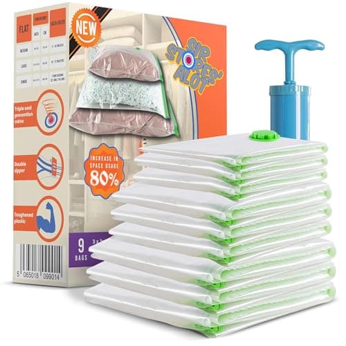Sir Stores'alot Space Saver Vacuum Storage Bags - 9-Pack Lightweight & Reusable Air Tight Bags for Clothes & Beddings - 3 Jumbo, 3 Medium, 3 Large