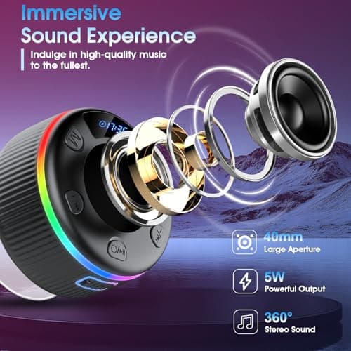 Bluetooth Shower Speaker, 2026 Portable wireless speakers with Led Light, IP7 Waterproof with Suction Cup, 8H Playtime, Stereo Bass, Time Display RGB Lights, Bulit-in Mic, Speaker for Bathroom, Travel — view 2