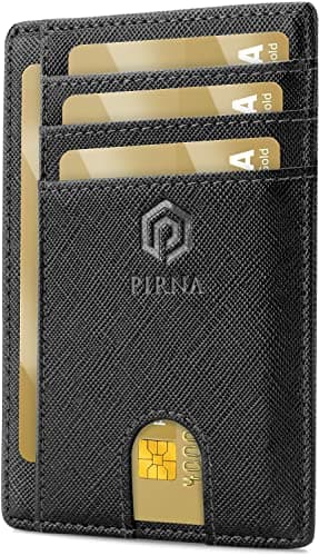 PIRNA Slim Wallet for Men | RFID Blocking Minimalist Credit Card Holder – Thin Card Wallet with Small Money Pocket & Gift Box for Men's in UK, Slim Mens Wallets UK (Black Saffiano Wallet)