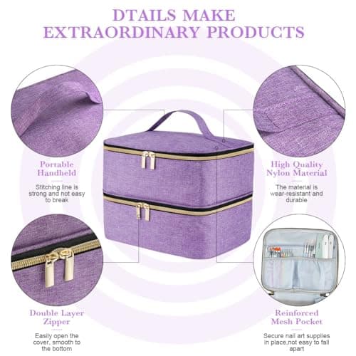 LOPHE Double-Layer Nail Polish Organiser, Double-Layer Travel Bag Storage Bags for 30 Bottles Nail Polish Lipstick and Nail Lamp, Portable Vanity Case with Nail Supplies Storage Sections (Purple) — view 2