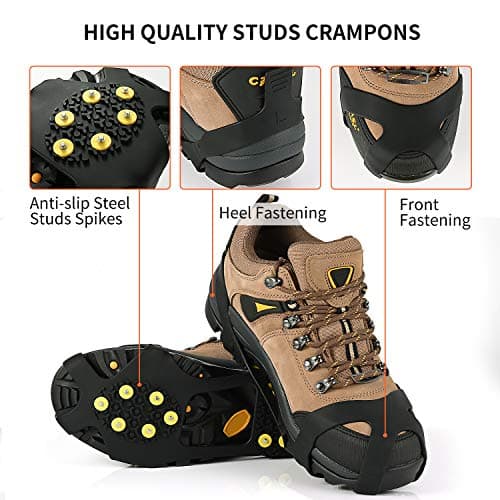Ice Cleats, Ice Grips Traction Cleats Grippers Non-Slip Over Shoe/Boot Rubber Spikes Crampons with 10 Steel Studs Crampons + 10 Extra Replacement Studs (Small, Black) — view 3
