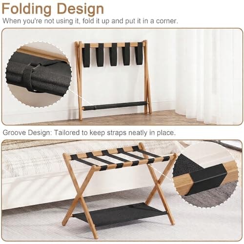 BAMBOOHOMIE Bamboo Luggage Rack for Guest Room, 26.77" Folding Wide Suitcase Stand with Fabric Storage Shelf, Luggage Stand Holder for Bedroom Hotel, Luggage Rack for Suitcases (2 Pack - Tea brown) — view 2