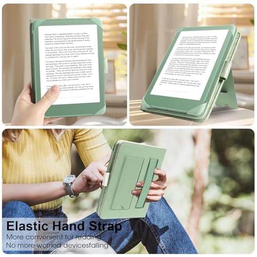 HoYiXi Universal Case For 6.8",7" eReader,Compatible with Kindle/Kobo Clara HD/Kobo Clara 2E/Paperwhite/PocketBook/Tolino eReader,with HandStrap/Kickstand, Cover for 6.8"-7'' eReaders,Green — view 6