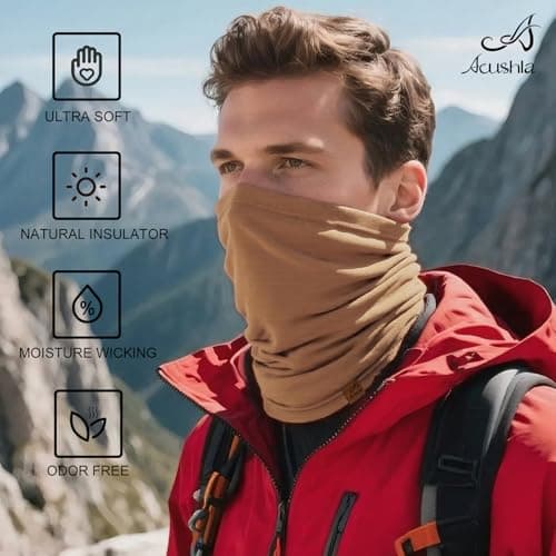 ACUSHLA 100% Merino Wool Neck Gaiter, Ski Mask Neck Warmer Unisex, Camel — view 2