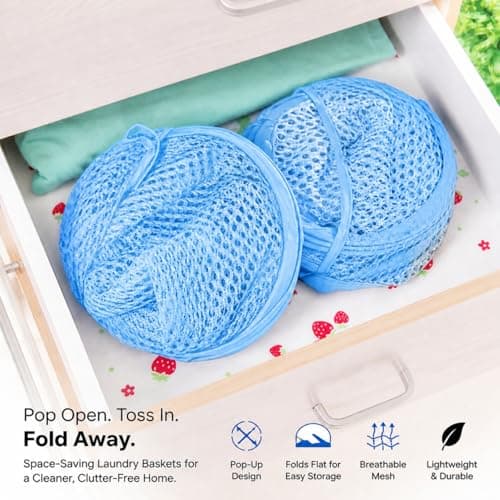 HOMESHOPA Laundry Baskets Pop Up Mesh Washing Bag, Blue Foldable Dirty Clothes Baskets with Handles&Side Pocket, Collapsible Toy Tidy Storage Organiser, Great for Kids Room, College Dorm Travel — view 3