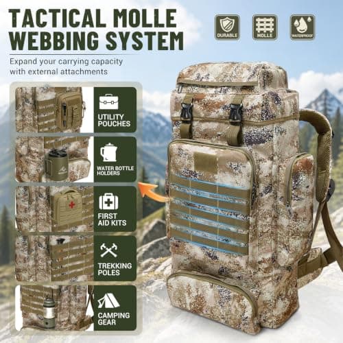 SUNDOY 80L Hiking Backpack, Large Capacity Camping Rucksack, 600D Outdoor Travel Pack with MOLLE System, Lightweight Trekking Backpack for Hiking, Camping & Backpacking (80L-Desert Camo) — view 3