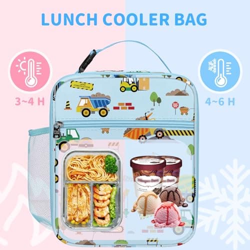 Clastyle Car Insulated Lunch Bag Truck Large Thermal Cooler Bag for Boy Picnic Lunch Box Tote, Blue Construction — view 2