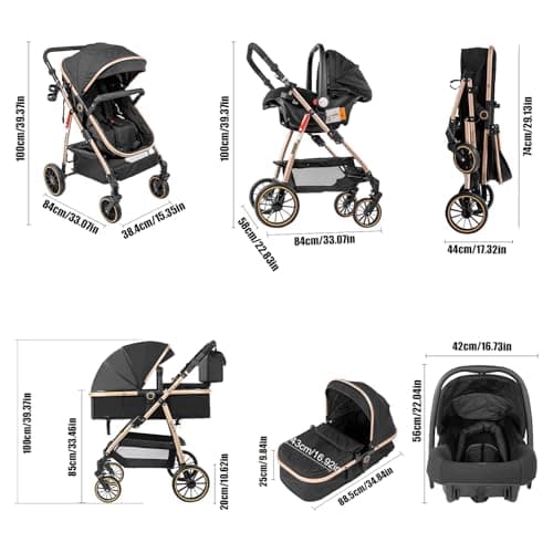 Veitoalioy 3 in 1 Baby Stroller Travel System, Foldable Pushchair, Baby Stroller 3 in 1 with Reversible Two Pushing Modes, Multifunctional High Landscape Buggy (V8 Black) — view 5
