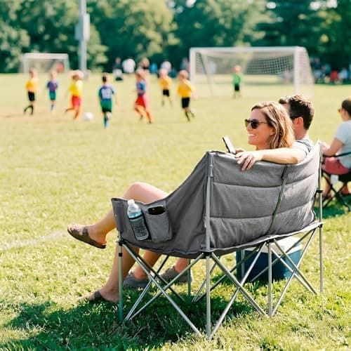 Harbour Housewares Folding Double Camping Chair – Grey - 2 Seater Padded Outdoor Chair, Steel Frame, Foldable Portable Seating, Garden, Festival, Picnic & Beach Chair with Carry Bag & Storage Pockets — view 2
