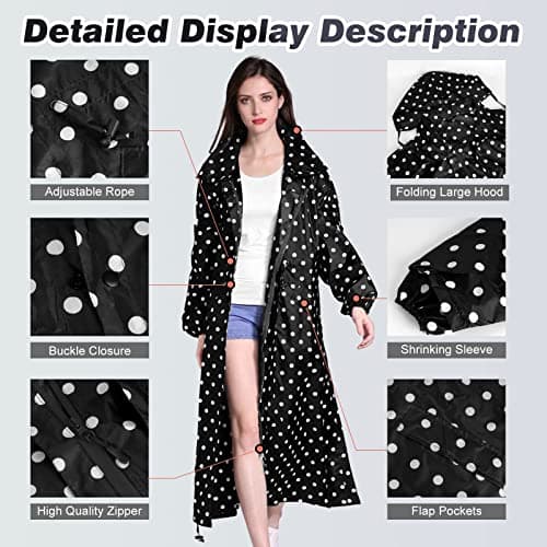 LAMA Womens Long Raincoats with Hood, Waterproof Reusable Packable Rain Coat with Long Sleeves for Adults Womens Ladies, Rain Coat for Bike Moto Riding Hiking Trekking, BlackDots — view 4