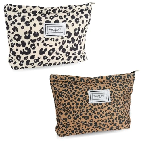 KIUEZIR 2pcs Chic & Modern Makeup Bags, Durable Linen Material with Leopard Print Patterns, Smooth Zipper and Large Capacity, Travel Cosmetic Toiletries Bags for Women Ladies Birthday Present