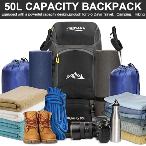 jianyana Hiking Backpack Waterproof 50L Foldable Rucksack Durable Lightweight Camping Bag with Rain Cover for Camping Trekking Hiking Walking Cycling Climbing Outdoor Sports for Women Men(Black) — view 3