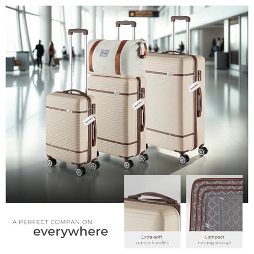 tectake® 13-Piece Suitcase Set, ABS Hard-Shell Luggage Set with Telescopic Handles, TSA Locks, 360° Wheels, Incl. M, L & XL Suitcase, Expandable Travel Bag, Toiletry Bag & 8 Packing Cubes - Cream — view 3