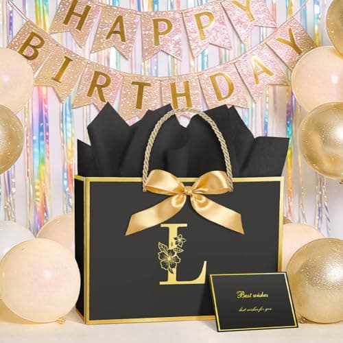 Vicloon Black Letter Birthday Gift Bag, 28 * 20 * 10cm Luxury Baby Girl Gift Bag with Handles and Gifts Card and Tissue Paper for Girls Womens Wedding Party Christmas Valentines Black L — view 6