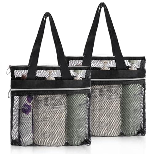 OSDUE Mesh Shower Caddy Bag, 2PCS Portable Toiletry Tote Hanging Wash Bag with Zipper, Quick Dry Shower Tote Bag for College Dorms, Gym, Swimming, Beach, Camping, Travel(Black)