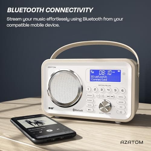 DAB/DAB+ & FM Portable Digital Radio | Leather Design | Bluetooth | Rechargeable Battery | Dual Alarms & Sleep Timer | Perfect for Home, Office or Outdoors | AZATOM Spitalfields 2 (White) — view 3