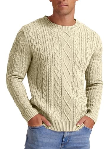 Hisir Men's Cable Knit Jumper, Thick Warm Crew Neck Winter, Beige, XL