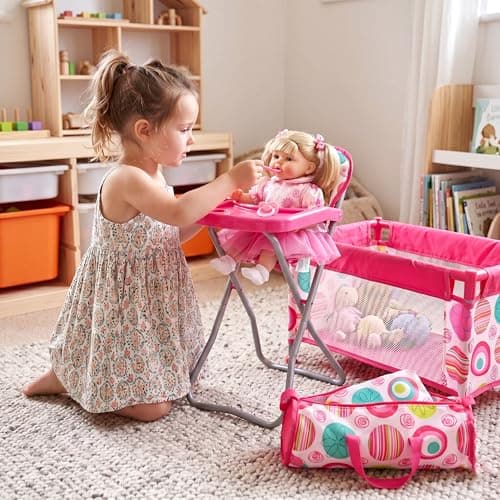 BiBi Doll Travel High Chair & Cot Bed Set with Carry Bag, Feeding Tray & Bedding - Folding Nursery Furniture for Dolls up to 20" - Pink Patterned Baby Doll Accessories for Girls & Boys Aged 3+ — view 5