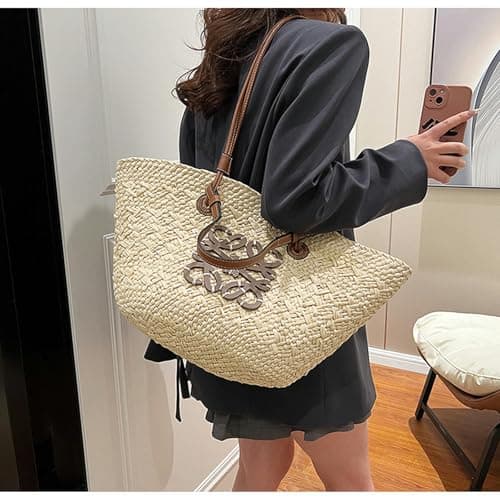 OPLKIOP Straw Shoulder Bag - Women's Woven Straw Handbag - Large Summer Beach Leather Tote With Zipper-White — view 4