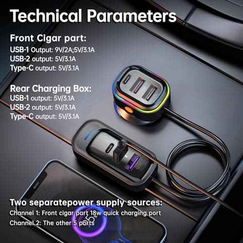 Car USB Charger，6-Port, 18W+15W, QC 3.0 Fast Charging, 1.5m Extension Cable — view 4