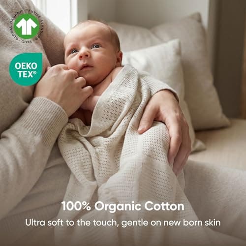 Bloomsbury Mill - Cellular Blankets Baby - 100% Organic Cotton - 2 Pack - Oat - Beige - Newborn Essentials - Soft Breathable Baby Blankets for Pram, Cot, Moses Basket - 75x95cm — view 2