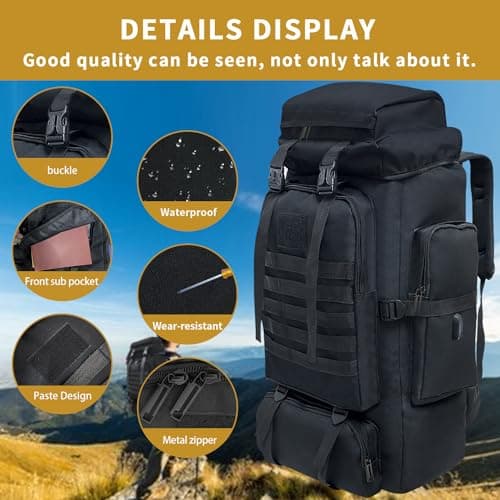 Vaupan Hiking Backpack, 80L Camping Military Tactical Backpack with USB Charging Port, Waterproof Large Travel Daypack Outdoor MOLLE Rucksack for Men Women (Black) — view 4